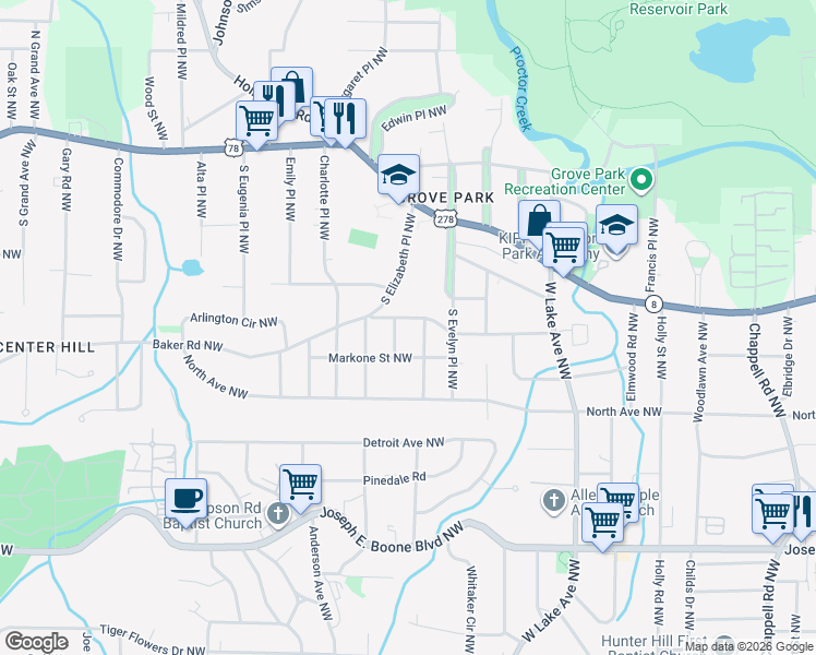 map of restaurants, bars, coffee shops, grocery stores, and more near 1840 Madrona Street Northwest in Atlanta