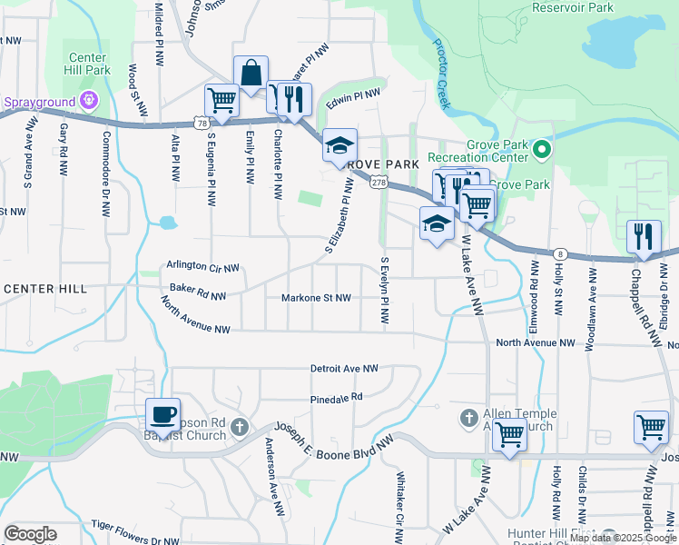 map of restaurants, bars, coffee shops, grocery stores, and more near 1864 Madrona Street Northwest in Atlanta