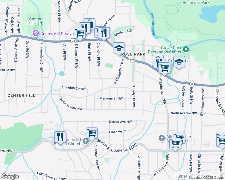 map of restaurants, bars, coffee shops, grocery stores, and more near 1888 Madrona Street Northwest in Atlanta