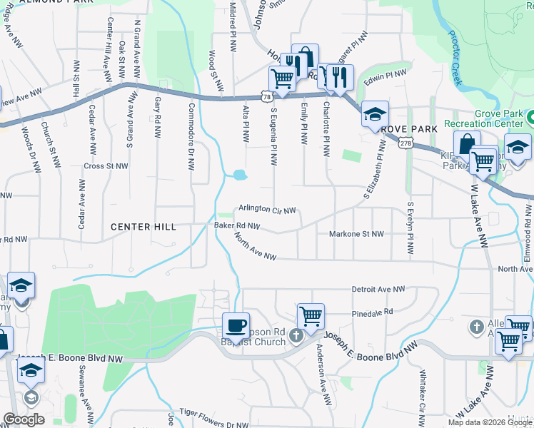 map of restaurants, bars, coffee shops, grocery stores, and more near 2046 Arlington Circle Northwest in Atlanta