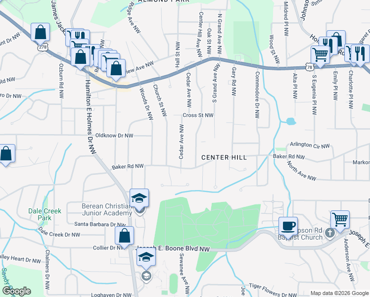map of restaurants, bars, coffee shops, grocery stores, and more near 581 Cedar Avenue Northwest in Atlanta