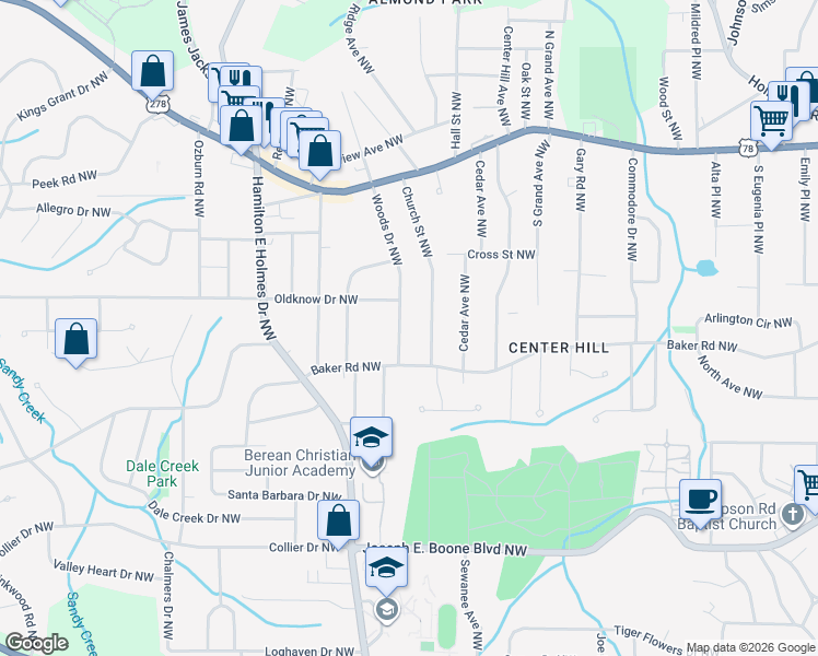 map of restaurants, bars, coffee shops, grocery stores, and more near 585 Woods Drive Northwest in Atlanta