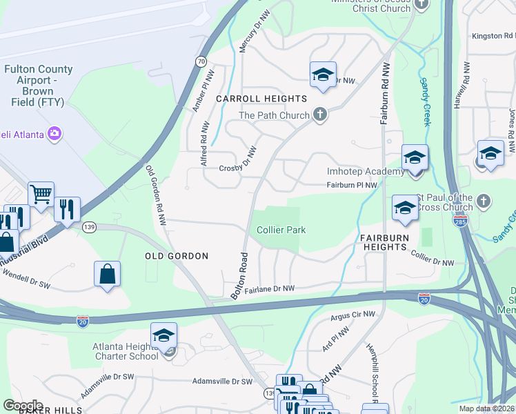 map of restaurants, bars, coffee shops, grocery stores, and more near 626 Bolton Road Northwest in Atlanta