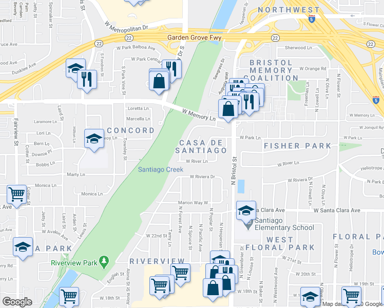 map of restaurants, bars, coffee shops, grocery stores, and more near 1506 Sharon Road in Santa Ana
