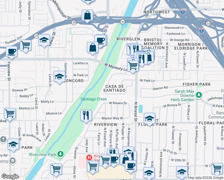 map of restaurants, bars, coffee shops, grocery stores, and more near 1506 Sharon Road in Santa Ana