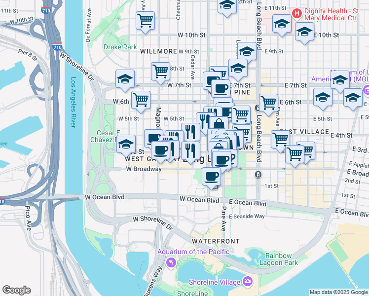 map of restaurants, bars, coffee shops, grocery stores, and more near 325 West 3rd Street in Long Beach
