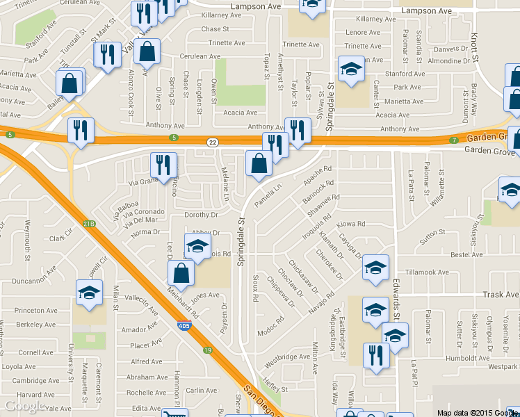 map of restaurants, bars, coffee shops, grocery stores, and more near 6022 Pamela Lane in Westminster
