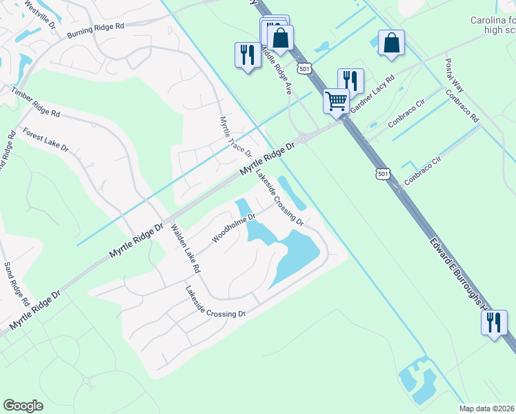 map of restaurants, bars, coffee shops, grocery stores, and more near 708 Wincrest Court in Conway