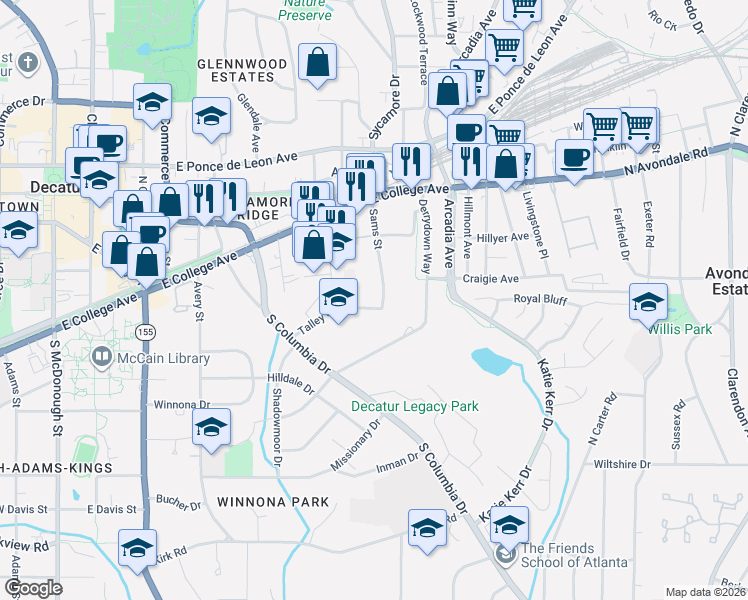 map of restaurants, bars, coffee shops, grocery stores, and more near 2630 Talley Street in Decatur