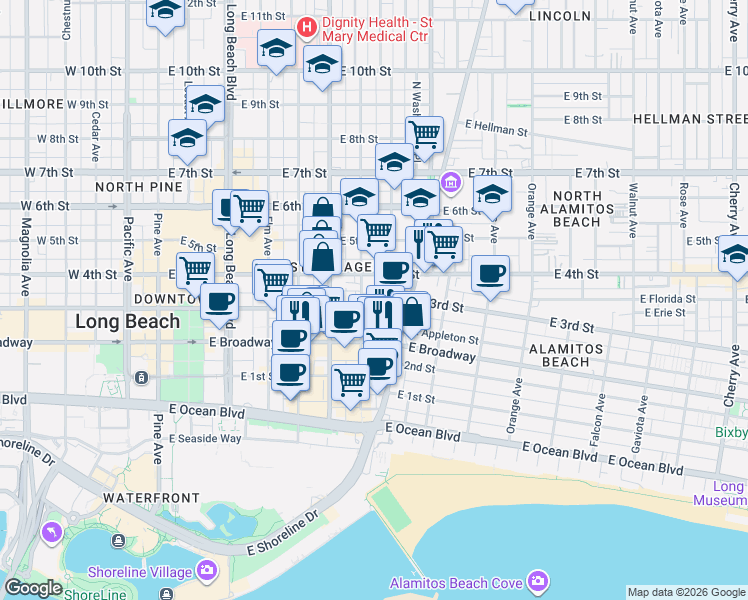map of restaurants, bars, coffee shops, grocery stores, and more near 320 Lime Avenue in Long Beach