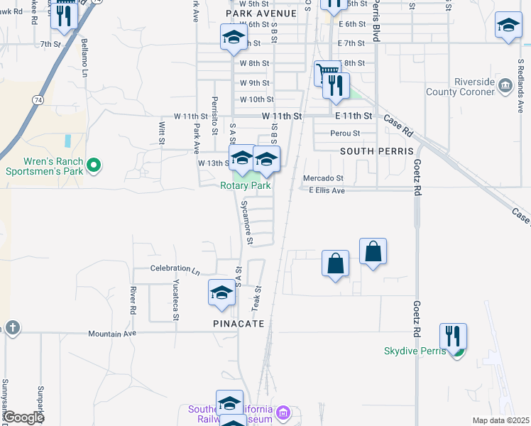 map of restaurants, bars, coffee shops, grocery stores, and more near 321 Red Cedar Place in Perris