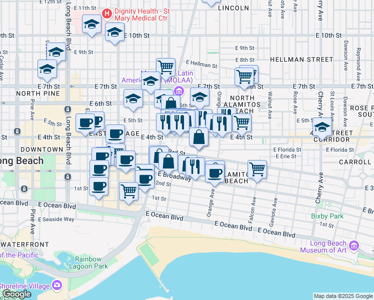 map of restaurants, bars, coffee shops, grocery stores, and more near 1045 East 3rd Street in Long Beach