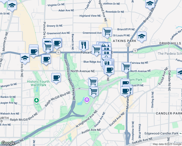 map of restaurants, bars, coffee shops, grocery stores, and more near 977 North Avenue Northeast in Atlanta