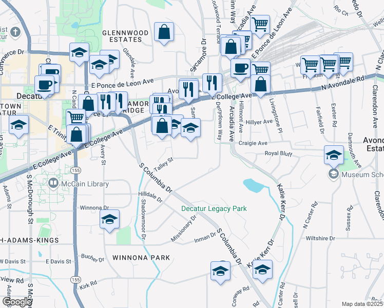 map of restaurants, bars, coffee shops, grocery stores, and more near 2634 Talley Street in Decatur