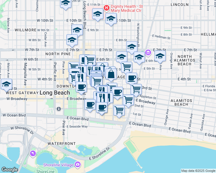 map of restaurants, bars, coffee shops, grocery stores, and more near 521 East 3rd Street in Long Beach