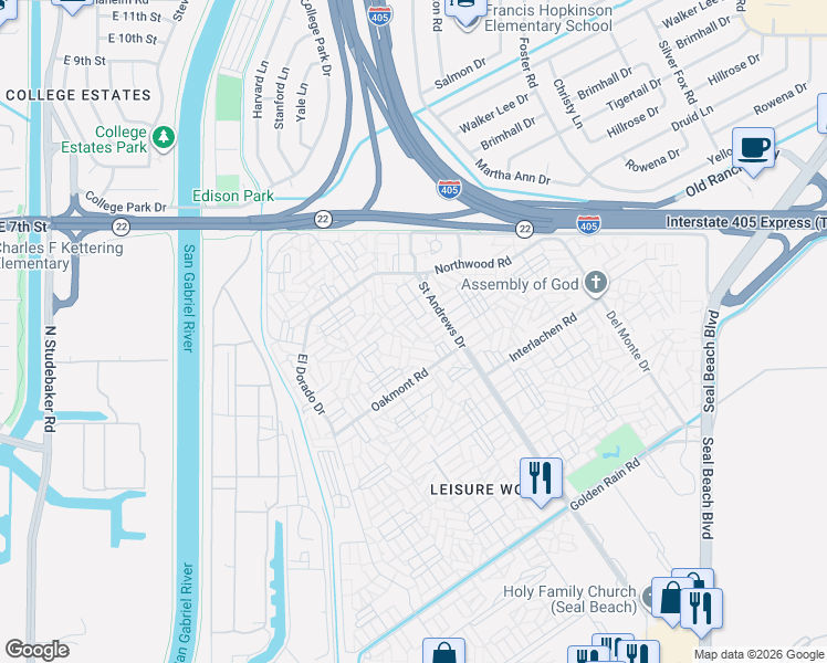 map of restaurants, bars, coffee shops, grocery stores, and more near 1340 Kenwood Road in Seal Beach