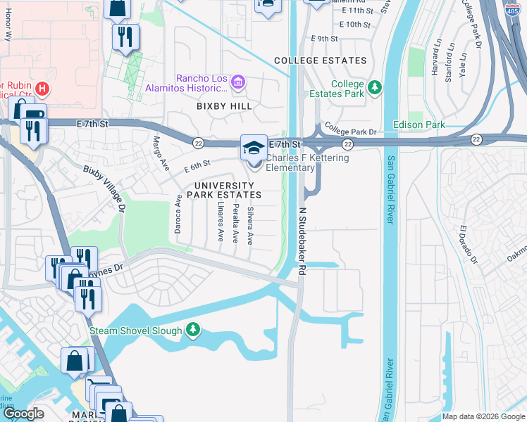 map of restaurants, bars, coffee shops, grocery stores, and more near 6312 East Vermont Street in Long Beach