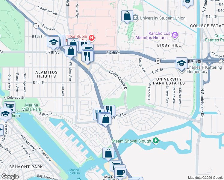 map of restaurants, bars, coffee shops, grocery stores, and more near 5997 Pacific Coast Highway in Long Beach