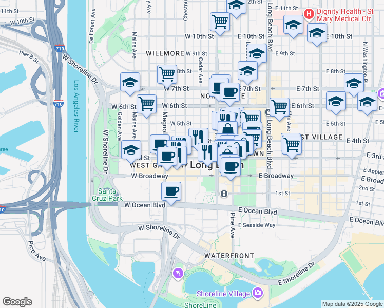 map of restaurants, bars, coffee shops, grocery stores, and more near 325 West 3rd Street in Long Beach