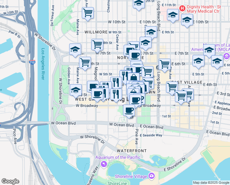 map of restaurants, bars, coffee shops, grocery stores, and more near 07 West Roble Way in Long Beach