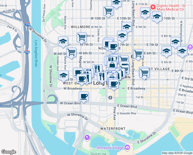 map of restaurants, bars, coffee shops, grocery stores, and more near 315 West 3rd Street in Long Beach