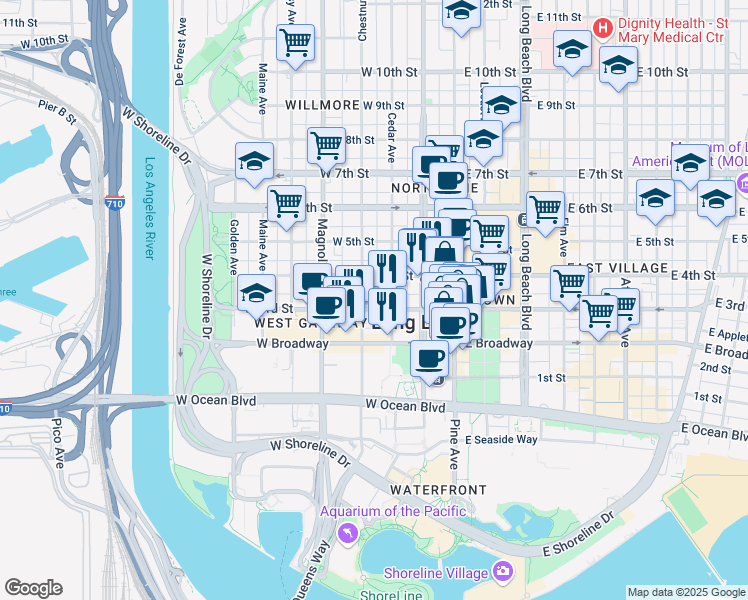 map of restaurants, bars, coffee shops, grocery stores, and more near 325 West 3rd Street in Long Beach