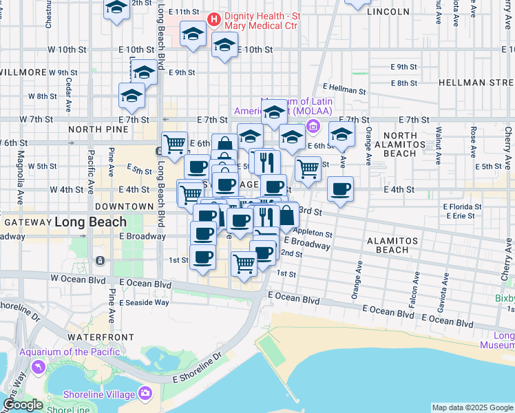 map of restaurants, bars, coffee shops, grocery stores, and more near 709 East 3rd Street in Long Beach