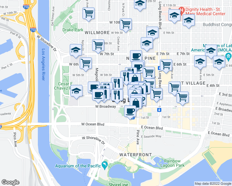 map of restaurants, bars, coffee shops, grocery stores, and more near 07 West Roble Way in Long Beach