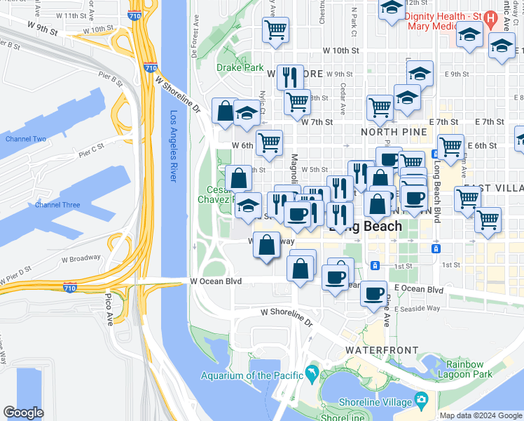 map of restaurants, bars, coffee shops, grocery stores, and more near 627 West 3rd Street in Long Beach