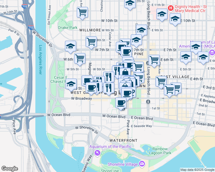 map of restaurants, bars, coffee shops, grocery stores, and more near 07 West Roble Way in Long Beach