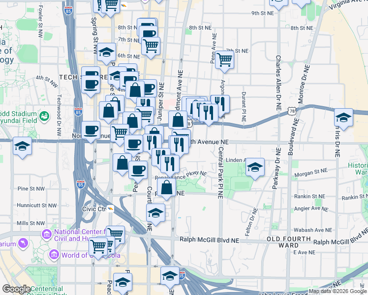 map of restaurants, bars, coffee shops, grocery stores, and more near 595 Piedmont Avenue Northeast in Atlanta