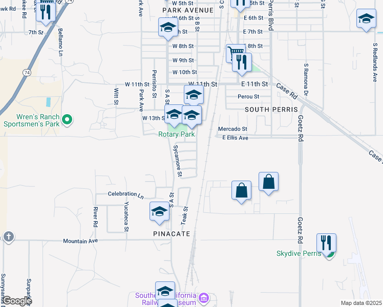 map of restaurants, bars, coffee shops, grocery stores, and more near 321 Red Cedar Place in Perris
