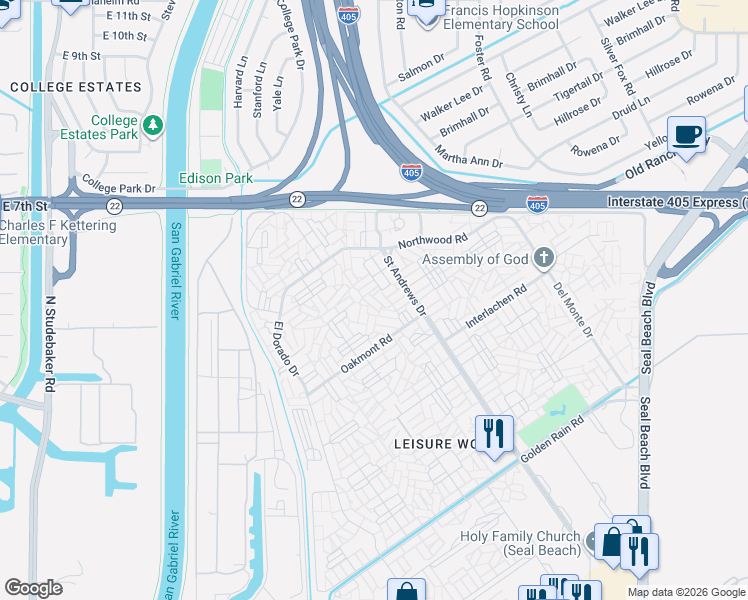 map of restaurants, bars, coffee shops, grocery stores, and more near 1330 Kenwood Road in Seal Beach