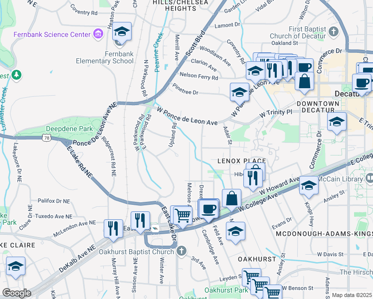 map of restaurants, bars, coffee shops, grocery stores, and more near 424 Melrose Avenue in Decatur