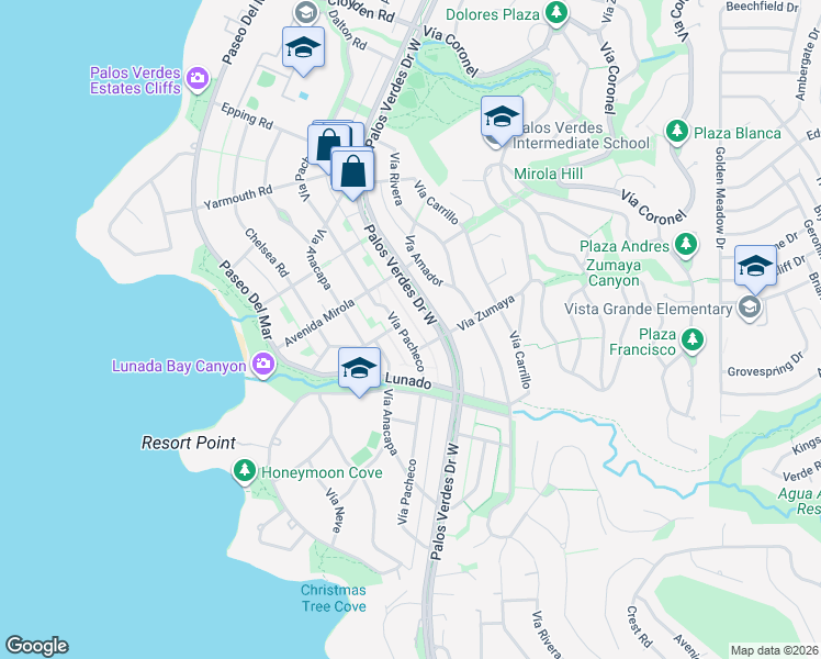 map of restaurants, bars, coffee shops, grocery stores, and more near 2610 Vía Pacheco in Palos Verdes Estates