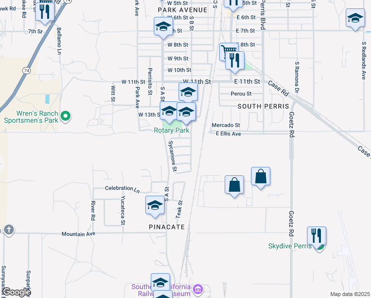 map of restaurants, bars, coffee shops, grocery stores, and more near 321 Red Cedar Place in Perris