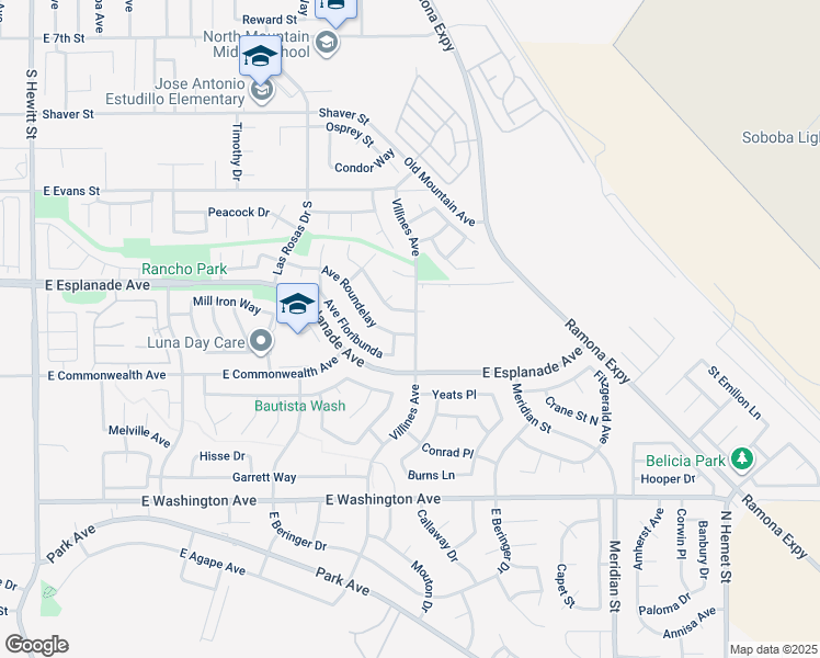 map of restaurants, bars, coffee shops, grocery stores, and more near 1674 Villines Avenue in San Jacinto
