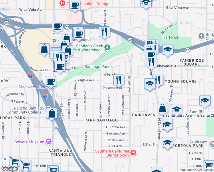 map of restaurants, bars, coffee shops, grocery stores, and more near 713 Grovemont Street in Santa Ana