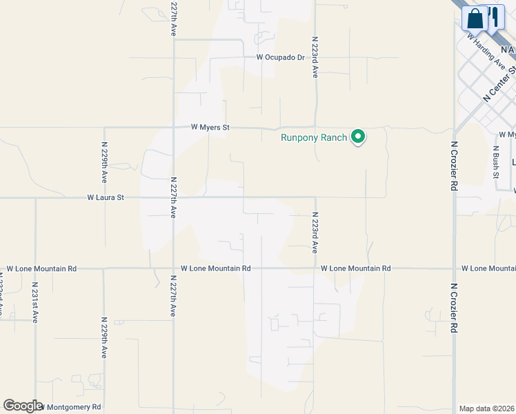 map of restaurants, bars, coffee shops, grocery stores, and more near 22406 West Calle de Los Flores in Wittmann