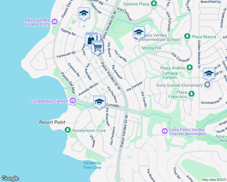 map of restaurants, bars, coffee shops, grocery stores, and more near 2610 Vía Pacheco in Palos Verdes Estates