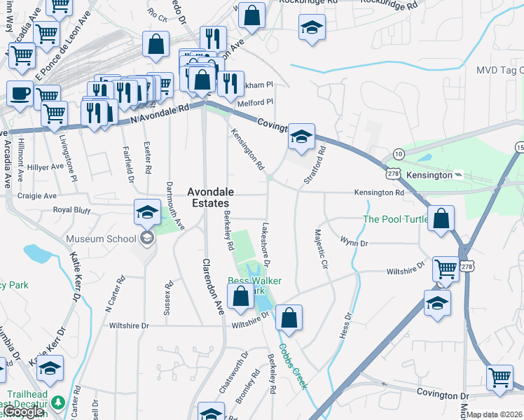 map of restaurants, bars, coffee shops, grocery stores, and more near 31 Lakeshore Drive in Avondale Estates