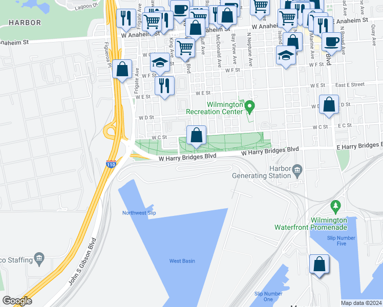 map of restaurants, bars, coffee shops, grocery stores, and more near 207 North Wilmington Boulevard in Los Angeles