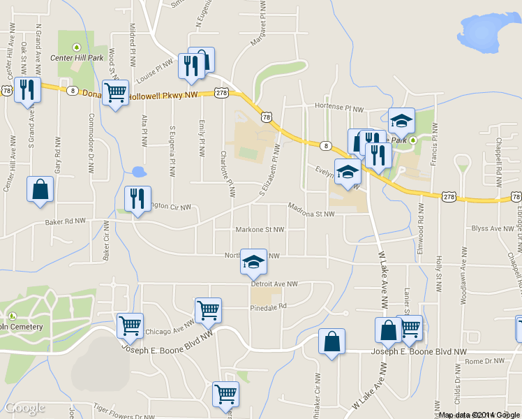 map of restaurants, bars, coffee shops, grocery stores, and more near 1888 Madrona Street Northwest in Atlanta
