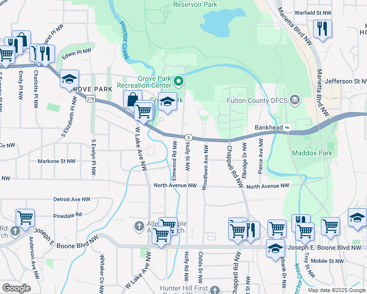 map of restaurants, bars, coffee shops, grocery stores, and more near 584 Holly Street Northwest in Atlanta