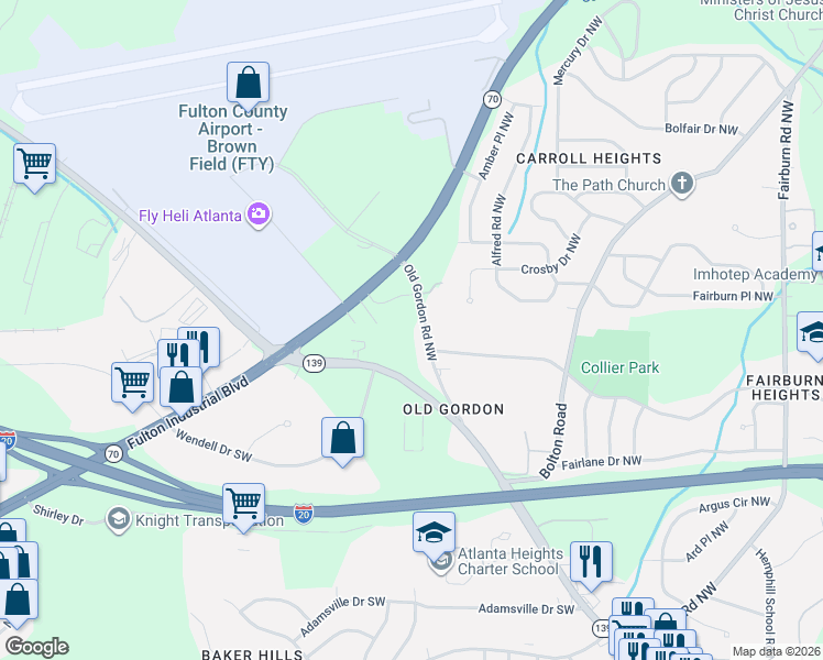 map of restaurants, bars, coffee shops, grocery stores, and more near 3860 Old Gordon Road Southwest in Atlanta