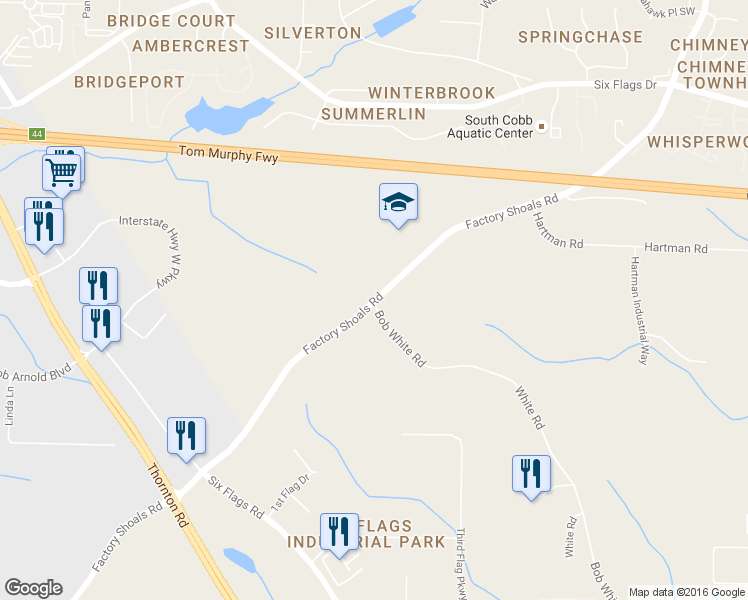 map of restaurants, bars, coffee shops, grocery stores, and more near 7546 Factory Shoals Road Southwest in Austell