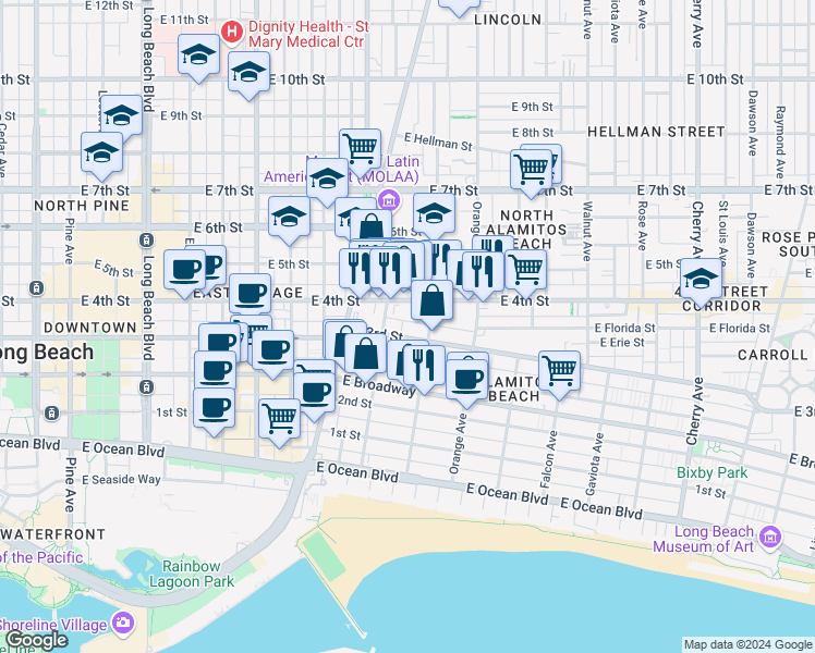 map of restaurants, bars, coffee shops, grocery stores, and more near 1045 East 3rd Street in Long Beach