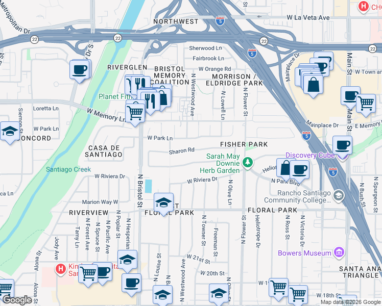 map of restaurants, bars, coffee shops, grocery stores, and more near 1116 Sharon Road in Santa Ana