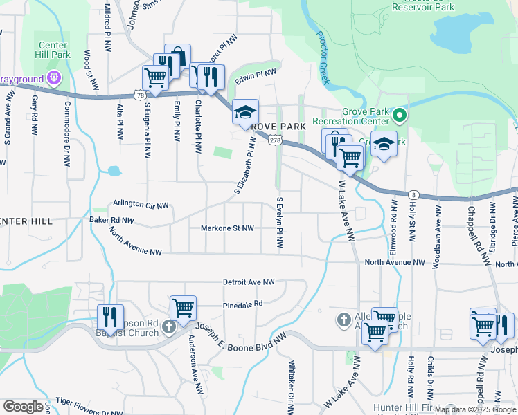 map of restaurants, bars, coffee shops, grocery stores, and more near 1840 Madrona Street Northwest in Atlanta
