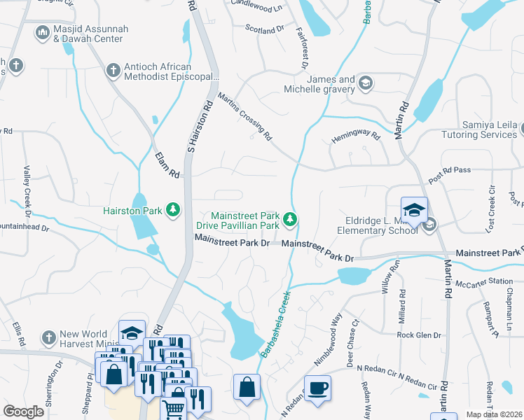 map of restaurants, bars, coffee shops, grocery stores, and more near 840 Heritage Oaks Drive in Stone Mountain